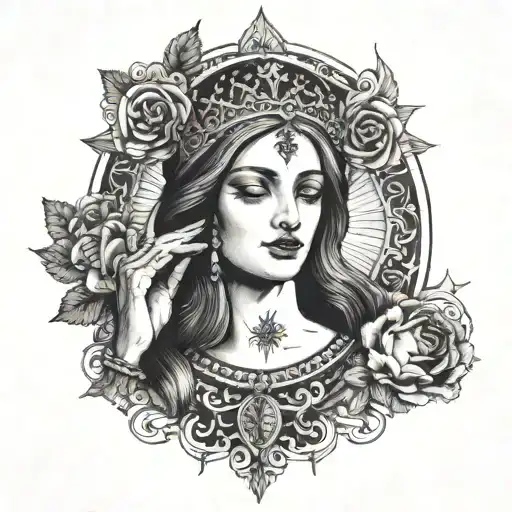 The vergin Maria wearing necklace whit the glory simbol in a shiny ambient tattoo design idea