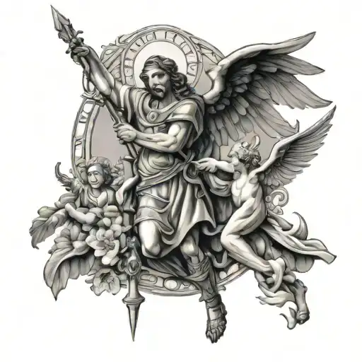 St. michael archangel fighting demons, st. joseph terror of demons, Mary Theotokos, and Jesus Lord of miracles. tattoo design idea