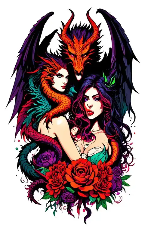 sexy demon and angel with dragon intertwined mostly blacks with hints of purples reds neon with flowers full coverage  tattoo design idea