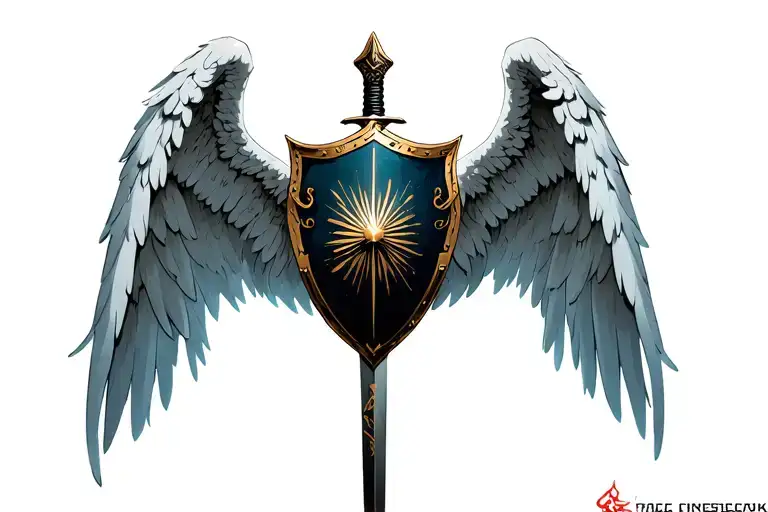 archangel Michael with a sword a shield and wings tattoo design idea