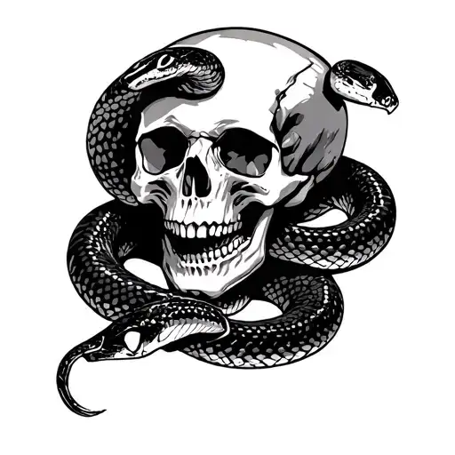 Skull and a snake coiled tattoo design idea