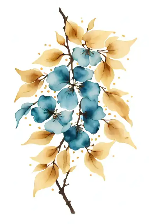 Cherry blossom petals falling, deep blue petals dark blue petals, purple petals, light blue petals, black branch tattoo design idea