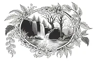 waterfall, stream, ferns, trees, sparrows, elves broken mirror, music sheet tattoo design idea
