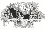 waterfall, stream, ferns, trees, sparrows, elves broken mirror, music sheet tattoo design idea