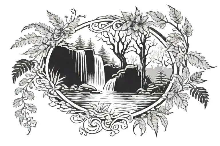 waterfall, stream, ferns, trees, sparrows, elves broken mirror, music sheet tattoo design idea