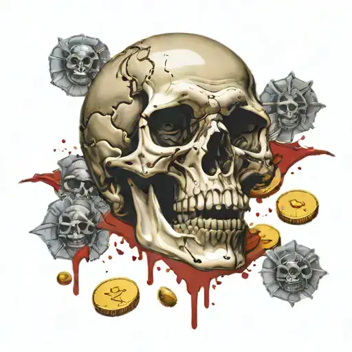 bloodthirsty king skull surrounded gold coins tattoo design idea