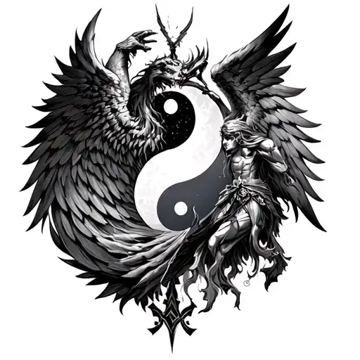 chernobog Slavic god battle angel in yin yang symbol tattoo design idea