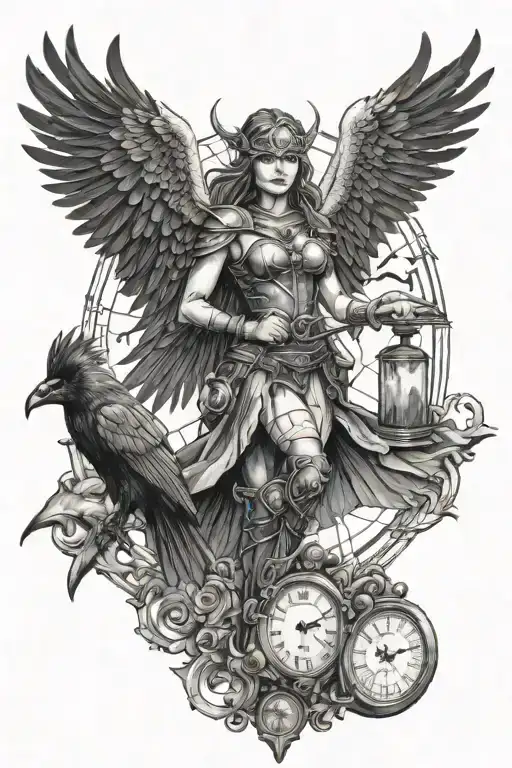 Good looking Valkyrie holding a sandglass with 2 crows flying. tattoo design idea