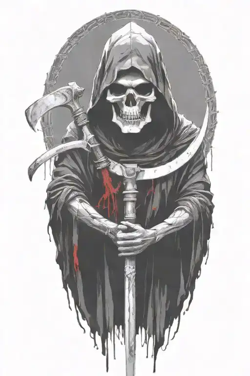 hooded Reaper, darkness,, scary, holding a scythe, blade tattoo design idea