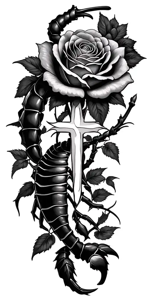 Scorpion - Christian cross- 3 Rose Blooming tattoo design idea
