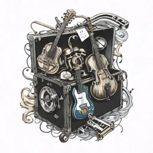An intricate design of a lost and found box overflowing with musical instruments tattoo design idea