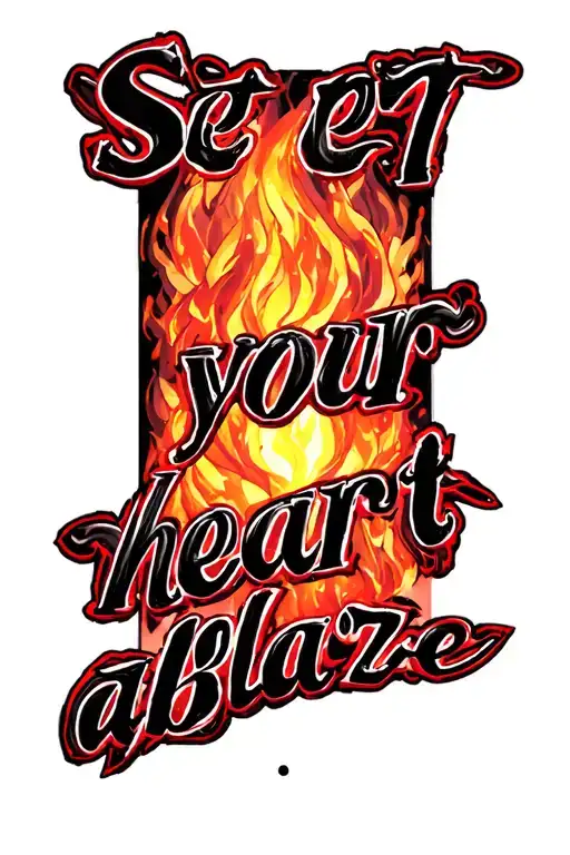 a design with the quote, "set your heart ablaze" tattoo design idea