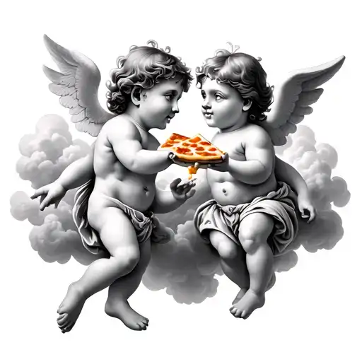 2 cherubs in clouds with one of them handing a piece of cheese pizza to the other - no colour and more micro realistic tattoo design idea
