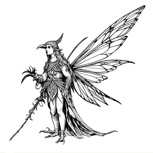 Fairy Morgan, mythological character of Arthurian legend, evil magician. Folk, Celtic and Gothic with a bird  tattoo design idea
