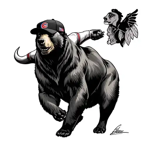 Chicago bear ridding a Chicago bull wearing a backwards Chicago cubs hat with a Chicago blackhawks tattoo throwing a roc tattoo design idea