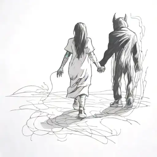 a girl wearing converse shoes and a large shadowy demon walking holding hands holding each other tattoo design idea