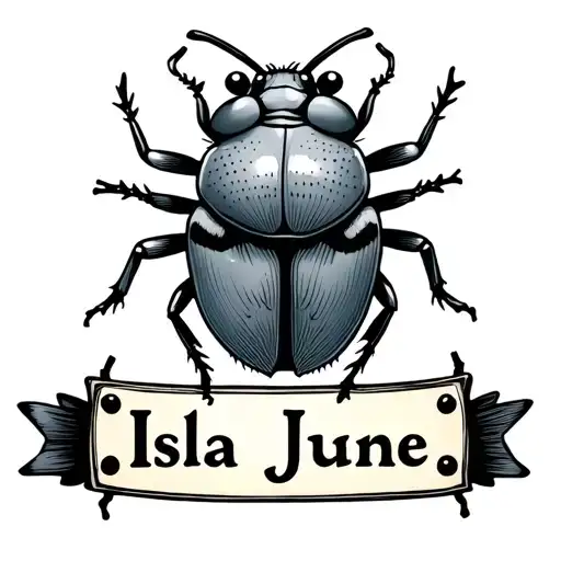 June bug with Isla June name plate tattoo design idea