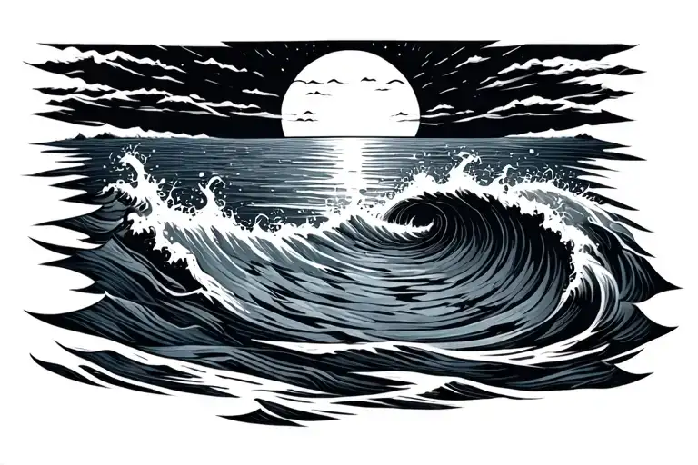 sunrise over ocean with a spiral merging tattoo design idea