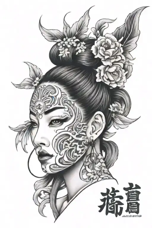 Half Japanese girl face half mask tattoo design idea