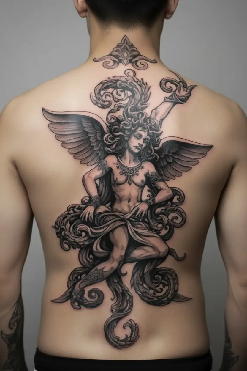Sicilian Trinacria With A Joyful Medusa Head With Flying Wings At Both Sides In Center And Three legs forming a triangle tattoo design idea