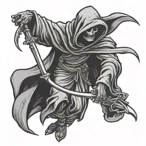 grim reaper holding a scythe over head hovering tattoo design idea