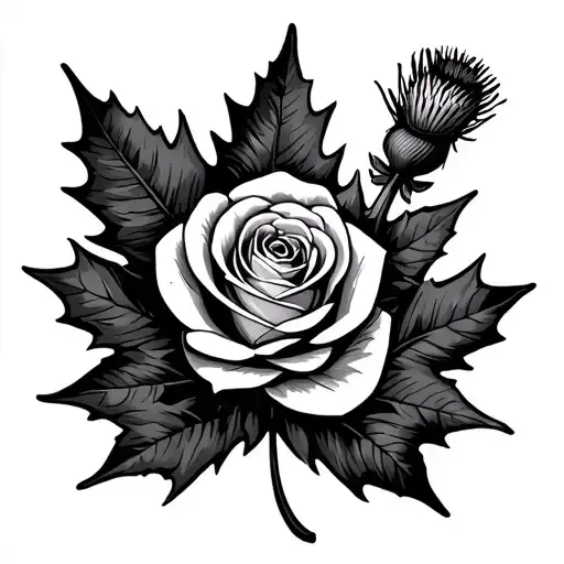 A simple crest made up of a single English rose, a single Scottish thistle and a single red Canadian maple leaf tattoo design idea