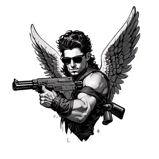 male angel with sunglasses holding a machine gun tattoo design idea