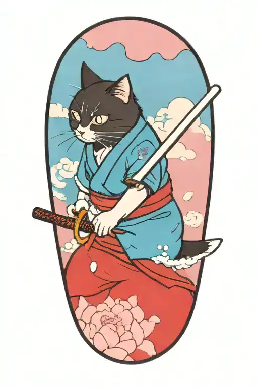 japanese tradiotional style, samurai cat holding a katana, water splashing, ltus flower, sakura flower, peony flower, cl tattoo design idea
