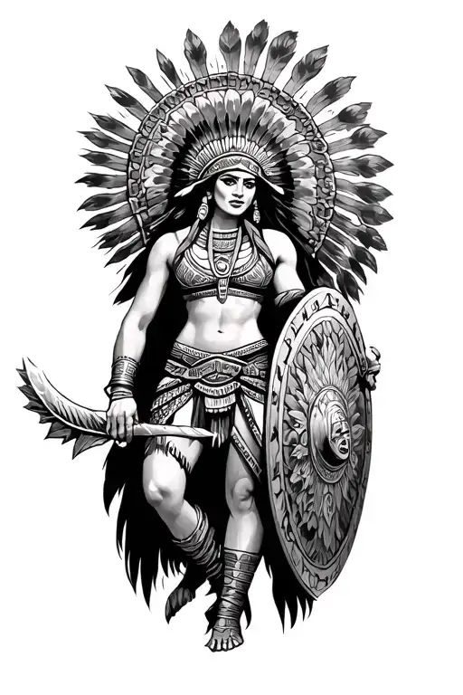 Azteca Guerrero attacking with a macahuilt and in the other hand a shield tattoo design idea