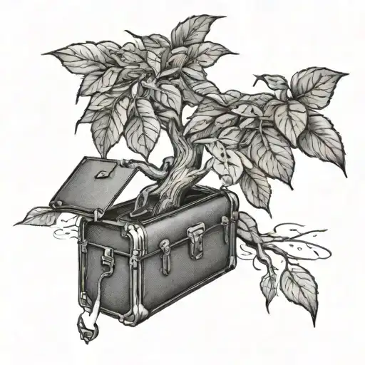 An intricate design of a money tree growing from a briefcase, representing the financial growth and abundance that comes from hard work and dedication tattoo design idea
