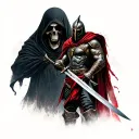 spartan holding a sword, and in the background is a large grim reaper tattoo design idea