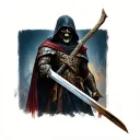 spartan holding a sword, and in the background is a large grim reaper tattoo design idea