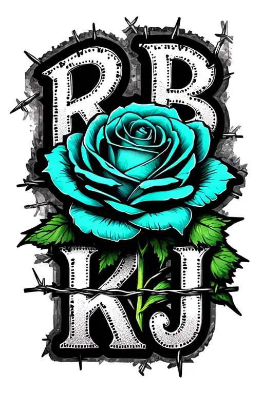 "RB ; KJ" "RB ; KJ" "RB ; KJ" teal rose wrapped in barbed wire tattoo design idea