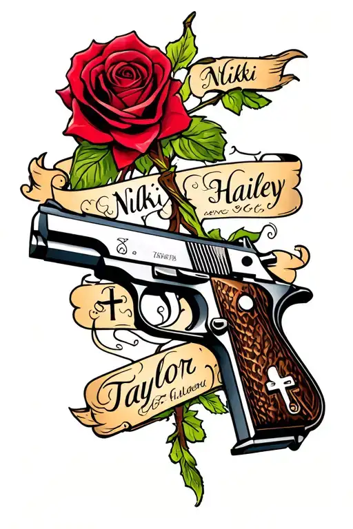 "Nikki, Hailey & Taylor" 2011 pistol with a cross on the grip, a red rose with a vine wrapped around the slide.  tattoo design idea