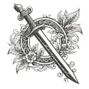 A thin, elegant sword cutting through a circular laurel wreath, symbolizing victory and strength. tattoo design idea