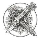 A thin, elegant sword cutting through a circular laurel wreath, symbolizing victory and strength. tattoo design idea