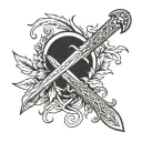 A thin, elegant sword cutting through a circular laurel wreath, symbolizing victory and strength. tattoo design idea