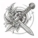 A thin, elegant sword cutting through a circular laurel wreath, symbolizing victory and strength. tattoo design idea
