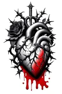 dagger piercing through a realistic bleeding human heart ensnared by black roses with thorns. Add a black mamba tattoo design idea