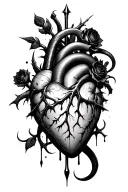 dagger piercing through a realistic bleeding human heart ensnared by black roses with thorns. Add a black mamba tattoo design idea