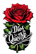 A red rose and going down inside the black and white stem has the words Si Dios Quiere in cursive going horizontally  tattoo design idea