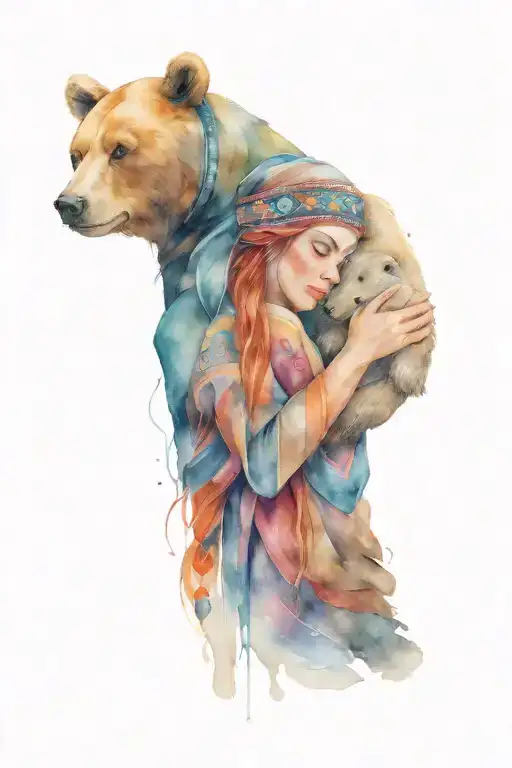 A Khanty woman hugs a bear with a Khanty folk decoration on its head. tattoo design idea
