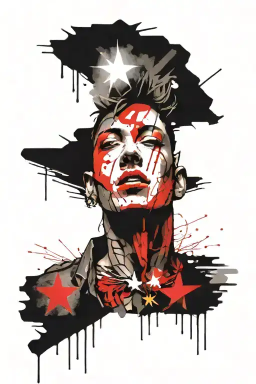 Tatto sketck inspired by "Hybrid Theory" album cover by Linkin Park in a trash polka style. Foreground: soldier with win tattoo design idea