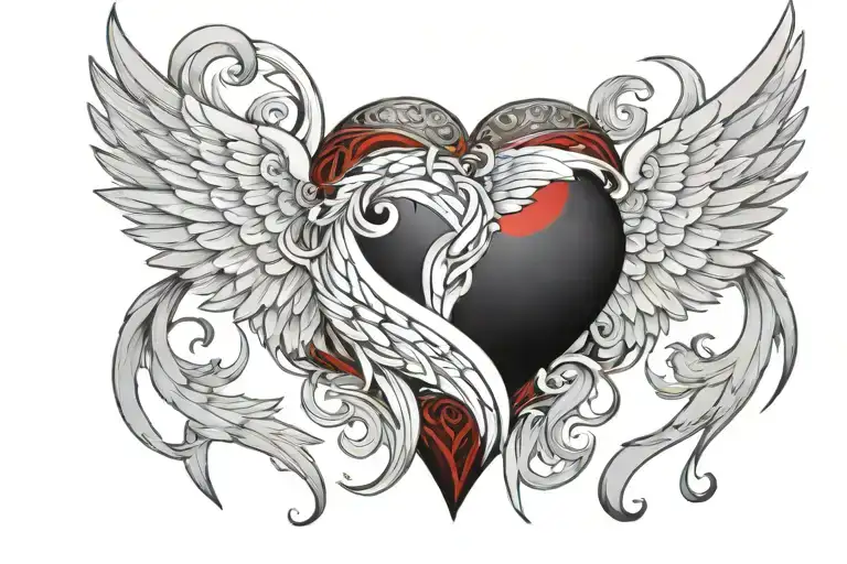 angel wings, black and red heart connected, halo on top of the black heart fine line tattoo design idea