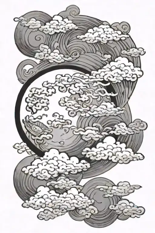 moon and Japanese clouds black tattoo design idea
