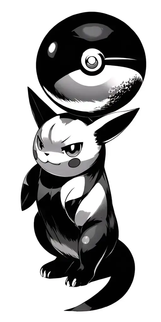 Masterball poke ball with detective pikachu coming out, but then behind the masterball is mew that fades into mewtwo tattoo design idea