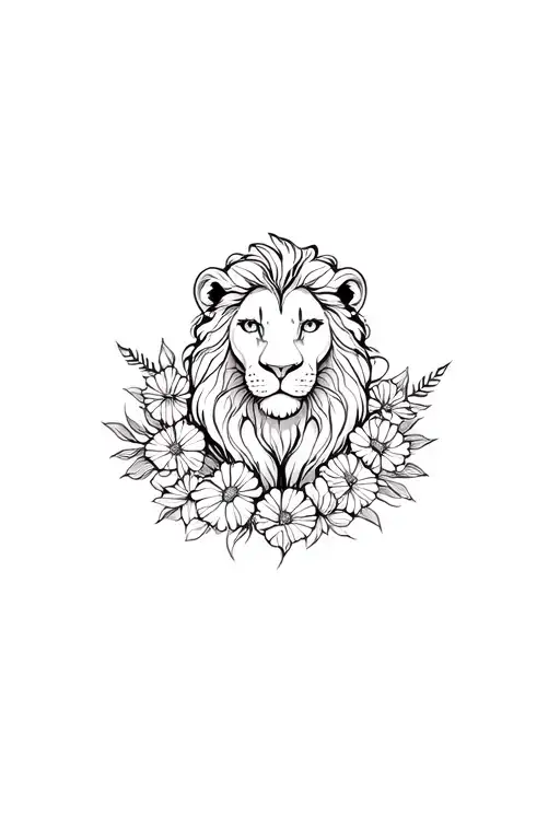 girl lion in a bed of flowers wrapping tattoo design idea