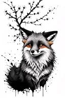 A fox in japanese style with black ink splatter cherry blossom in black and white. The fox is a silhouette tattoo design idea