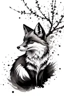 A fox in japanese style with black ink splatter cherry blossom in black and white. The fox is a silhouette tattoo design idea