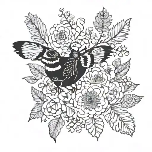 A fusion of Métis floral patterns and Algonquin Park wildlife, in blackwork style tattoo design idea